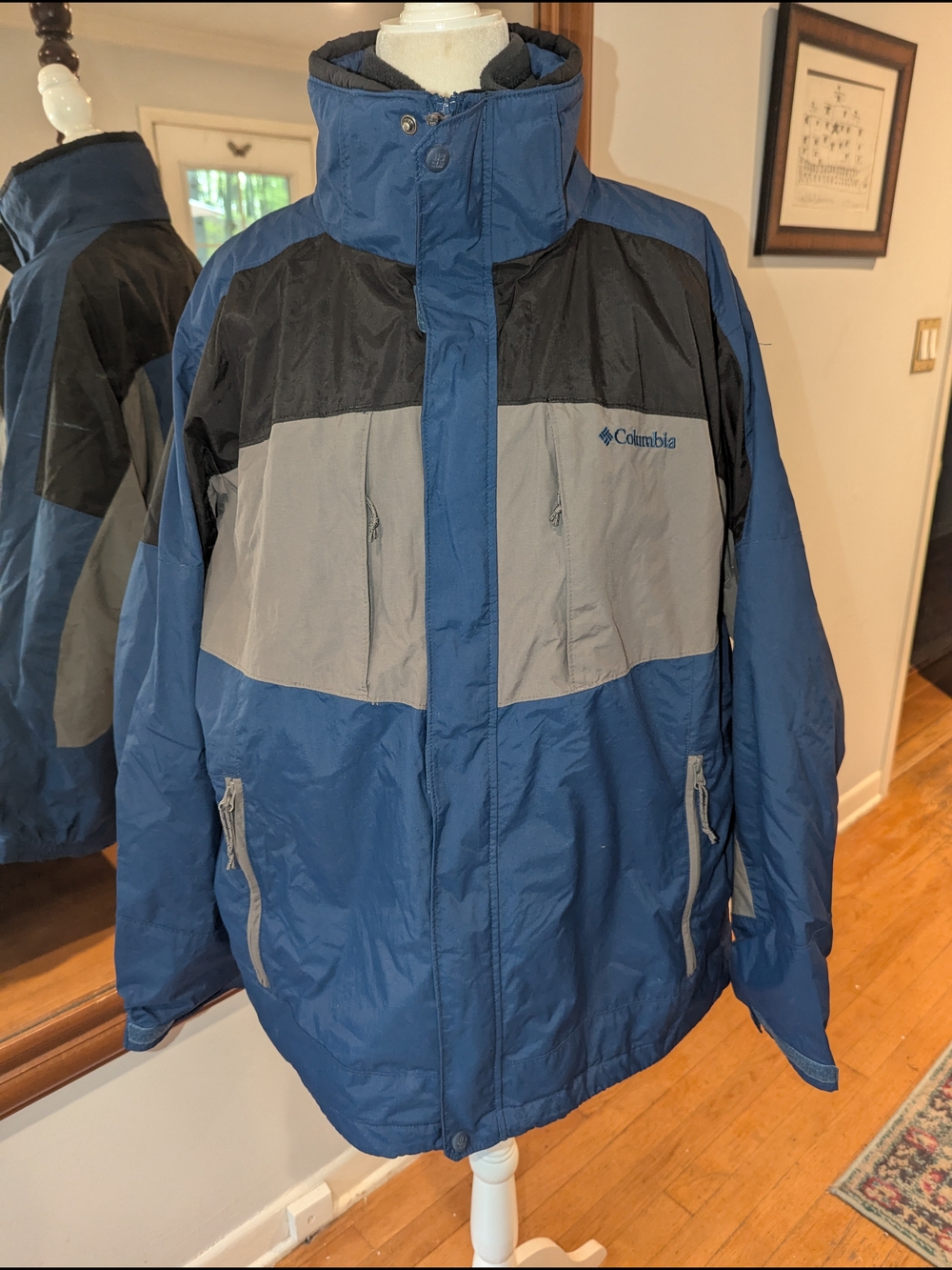 Columbia Interchange Blue Black Gray Blocked Hooded Jacket With Zip Out Fleece
